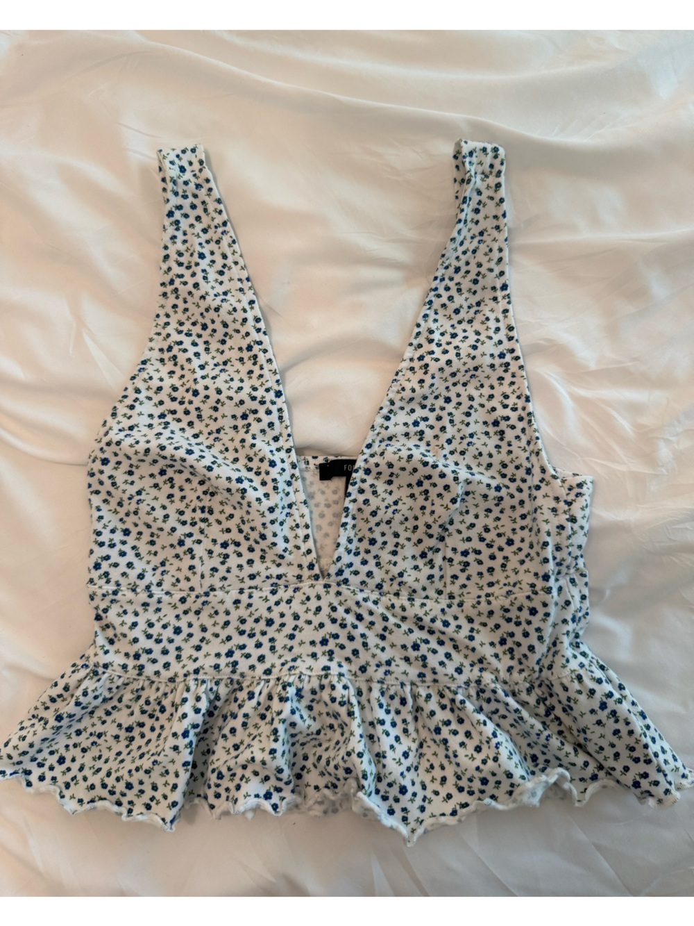 Forever 21 White Tank Top with Blue Floral Print